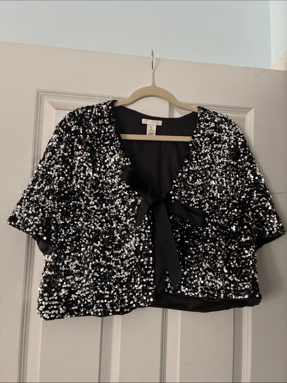 H&M Black Sequin Tie-Front Cropped Top